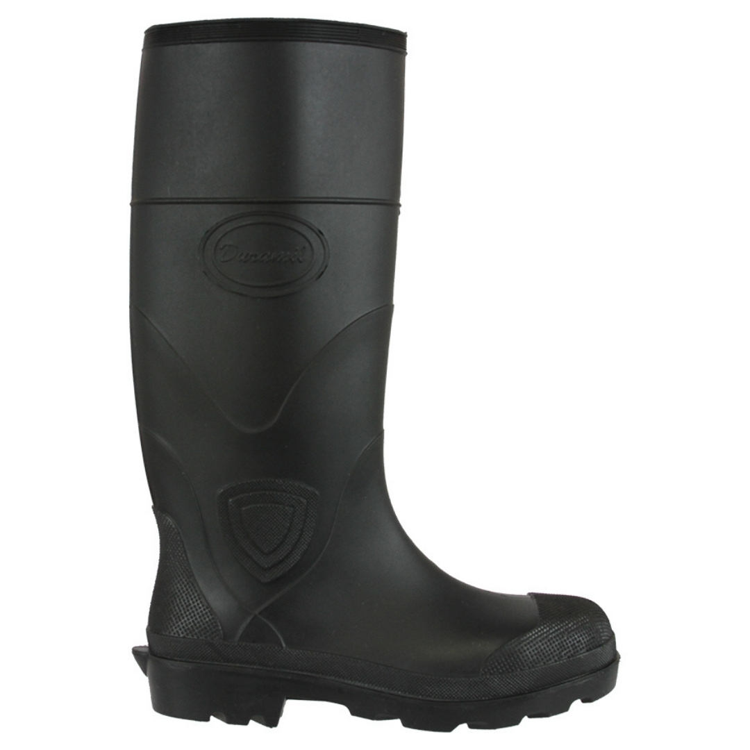 Bota impermeable de PVC, con puntera de acero y plantilla antiperforacion, diseñada para trabajos en condiciones húmedas y de uso semi industrial.